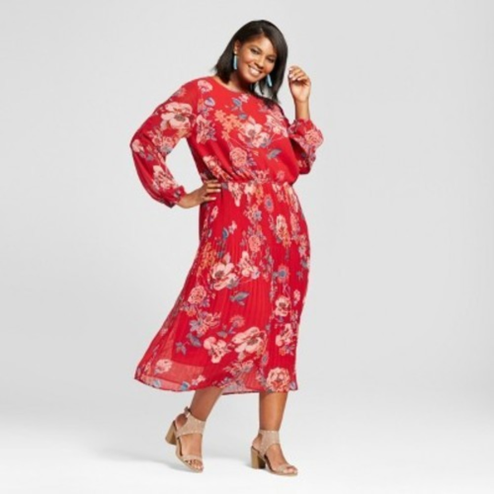 Plus Size Printed Pleated Cold Shoulder Dress